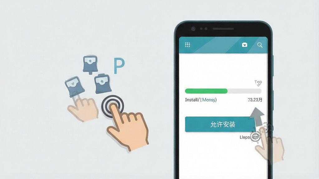 Tispp 安卓手机安装步骤示意图,画面展示一部手机屏幕,上面有安装进度条和“允许安装”按钮,旁边有手指点击的图标,背景为浅灰色,布局简洁,风格扁平化教程风,细节清晰,画质干净,无多余元素