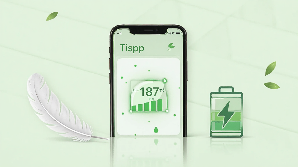 展示 Tispp 应用轻量省电特性的概念图,画面中一部手机旁边放着羽毛和电池图标,手机屏幕上显示“Tispp”应用界面和内存占用低的提示,背景为浅绿色调,风格清新自然,布局居中,细节简约,画质干净,无多余元素
