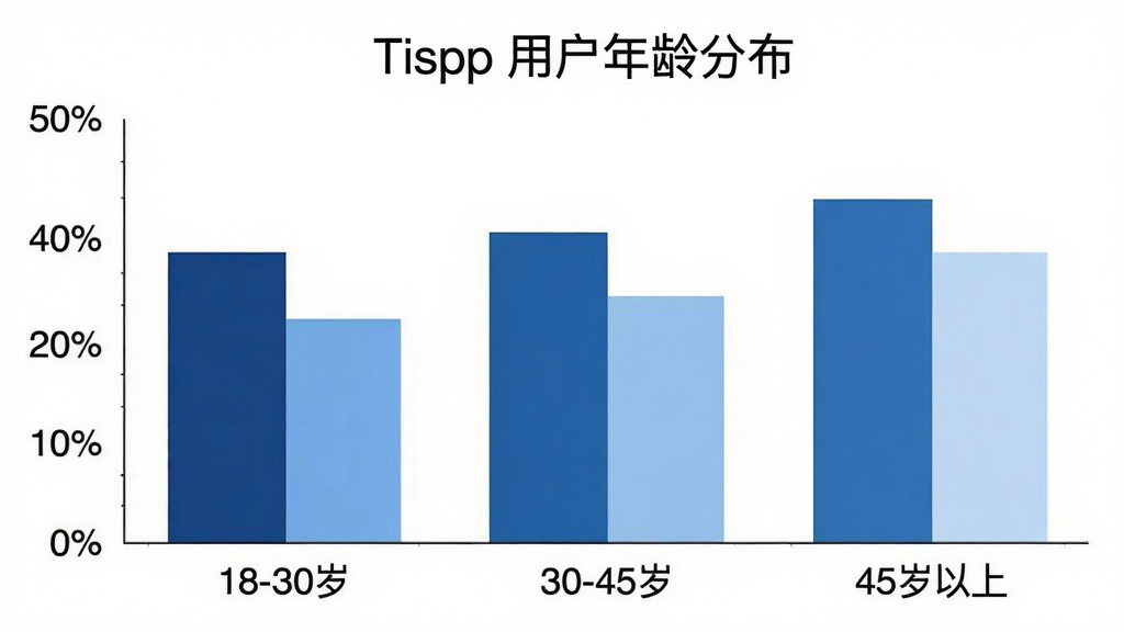 Tispp 用户年龄分布柱状图,画面中央是一个清晰的柱状图,横轴标注年龄区间“18-30岁”“30-45岁”“45岁以上”,纵轴标注百分比,柱子用不同深浅的蓝色区分,图表上方有标题“Tispp 用户年龄分布”,背景为白色,风格简洁数据可视化,细节干净,画质高清,无多余元素