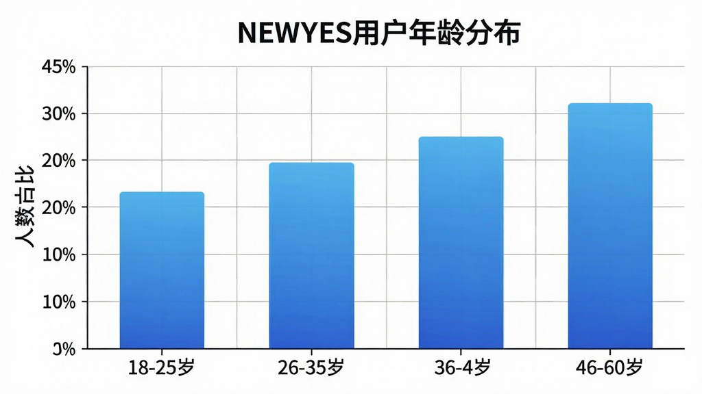 一张展示NEWYES用户年龄分布的柱状图,图表标题为“NEWYES用户年龄分布”,横轴标注18-25岁、26-35岁、36-45岁、46-60岁,纵轴为人数占比,柱形颜色为蓝色渐变,背景为白色网格,风格简洁数据可视化,画质清晰无多余元素