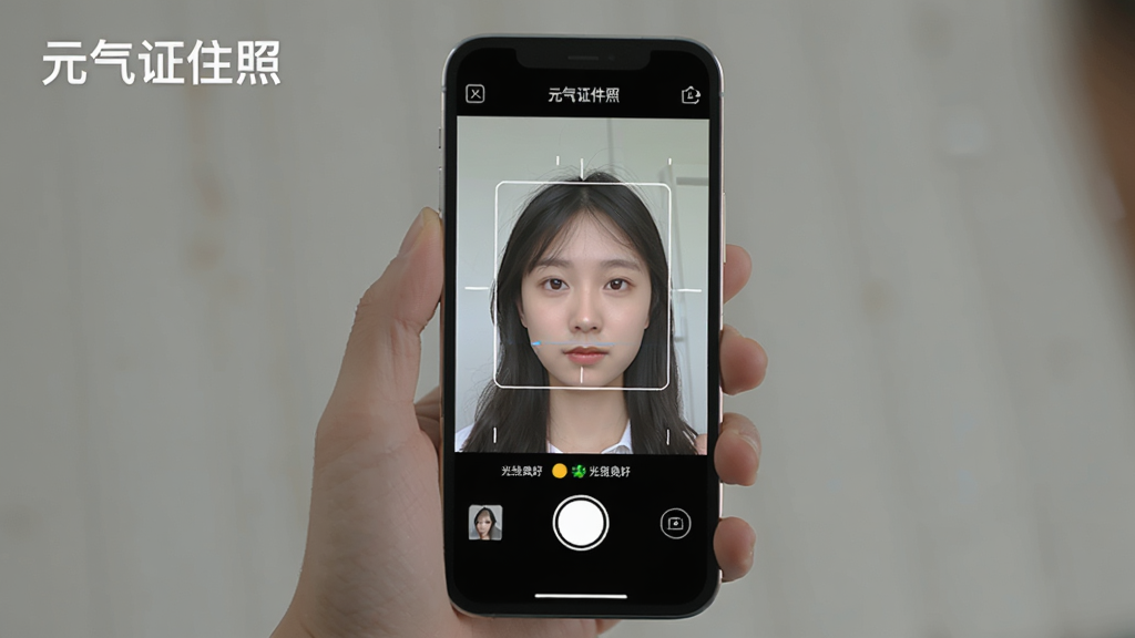 一张手机操作示意图,画面中一只手拿着手机,手机屏幕显示“元气证件照”APP的拍照界面,屏幕上有辅助线提示人脸对齐,下方有光线检测提示“光线良好”,画面风格写实清晰,带有“元气证件照”文字标识,画质干净,无多余元素。