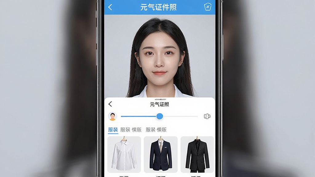 一张手机界面截图,展示“元气证件照”APP的美颜与服装功能页面,屏幕上半部分是一张人像照片预览,下半部分是美颜滑块和服装模板选择区域,服装模板包括白色衬衫、深色西装等选项,界面布局清晰,风格简洁现代,带有“元气证件照”文字标识,画质干净,无多余元素。