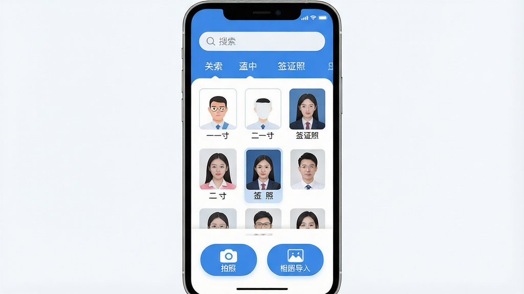 一张手机屏幕展示界面,画面中央是“元气证件照”APP的主界面,界面设计简洁清爽,以蓝白配色为主,顶部有搜索栏和分类标签,中间区域展示着各种尺寸的证件照模板缩略图,如一寸、二寸、签证照等,底部是拍照和相册导入两个大按钮,整体风格现代扁平化,图标圆润,画质干净明亮,无多余元素。