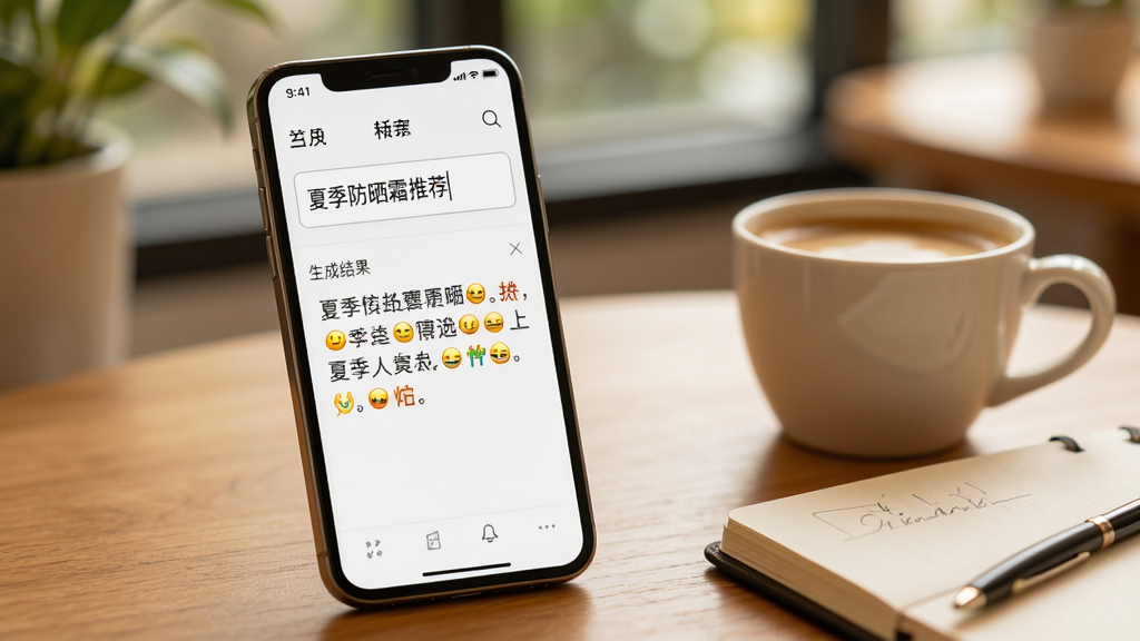 AI全能小助手文案生成功能展示图,画面中一部手机放置在桌面上,屏幕显示文案生成界面,输入框内写着“夏季防晒霜推荐”,下方生成结果区域展示一段带表情符号的种草文案。手机旁边有一杯咖啡和一本笔记本,背景虚化处理。整体色调温暖,风格生活化,画质干净,文字清晰,无多余元素。