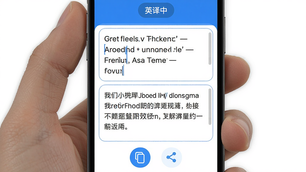 AI全能小助手翻译功能界面,手机屏幕显示中英文对照翻译结果,上方输入框为英文段落,下方输出框为流畅的中文翻译。界面顶部有语言切换按钮显示“英译中”,底部有复制和分享图标。整体设计简洁,蓝白配色,文字排版整齐,画质干净,无多余元素,背景为纯白色。