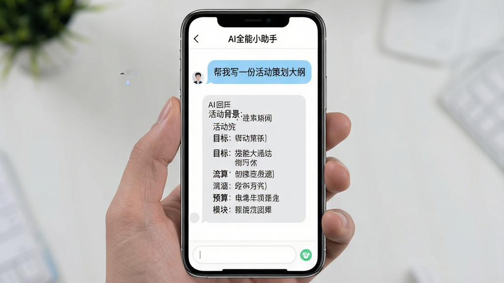 AI全能小助手智能对话界面截图,手机屏幕显示一段用户与AI正在对话,用户提问“帮我写一份活动策划大纲”,AI回复内容排版整齐,分点列出活动背景、目标、流程、预算等模块。界面以白色为底,对话气泡为浅蓝色和浅灰色,顶部显示“AI全能小助手”名称,底部输入框简洁。整体风格清爽,画质干净,文字清晰可读,无多余装饰元素。