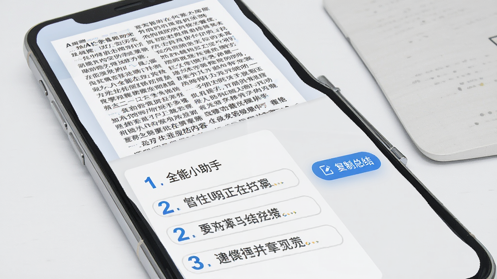 AI全能小助手内容总结功能示意图,画面展示一部手机屏幕,上方是一篇长文章的缩略图,下方是AI生成的总结要点列表,用数字标注一、二、三。界面右侧有“复制总结”按钮。整体风格商务简洁,以浅灰色和蓝色为主,文字清晰,布局干净,无多余元素,画质清晰。
