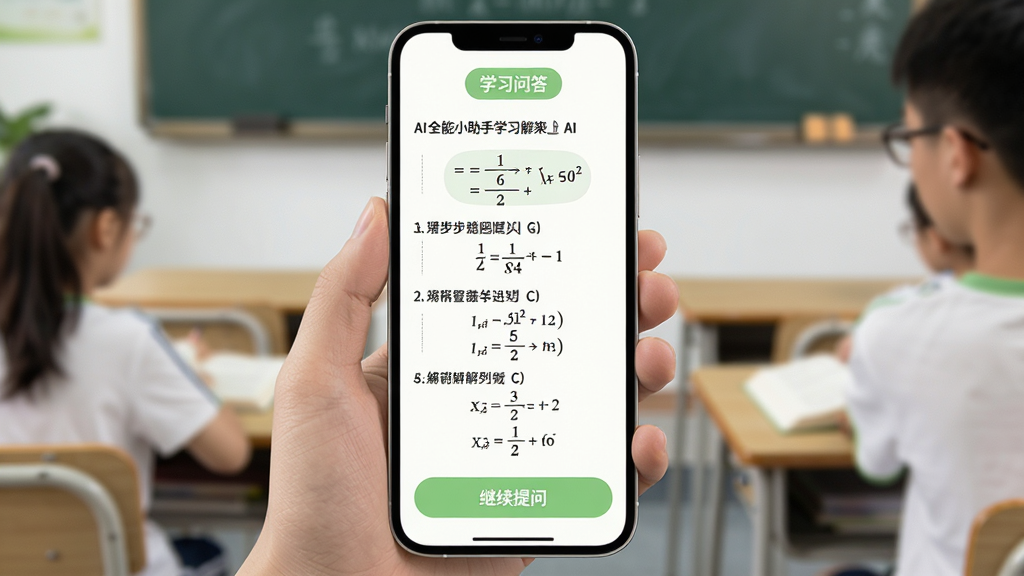 AI全能小助手学习问答界面,手机屏幕显示一道数学题的解答过程,AI用分步方式展示了解题思路,每一步都有文字说明和公式。界面顶部显示“学习问答”标签,底部有“继续提问”按钮。整体风格清新,以白色和浅绿色为主,文字排版清晰,画质干净,无多余装饰,适合学生使用场景。