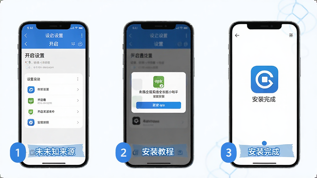AI全能小助手安装教程示意图,画面分为三个步骤展示:第一步手机设置中开启未知来源安装权限的界面,第二步点击apk文件安装的弹窗,第三步安装完成打开软件的图标界面。每个步骤用数字标注,配简洁文字说明。整体风格清晰直观,蓝白配色,画质干净,无多余元素。