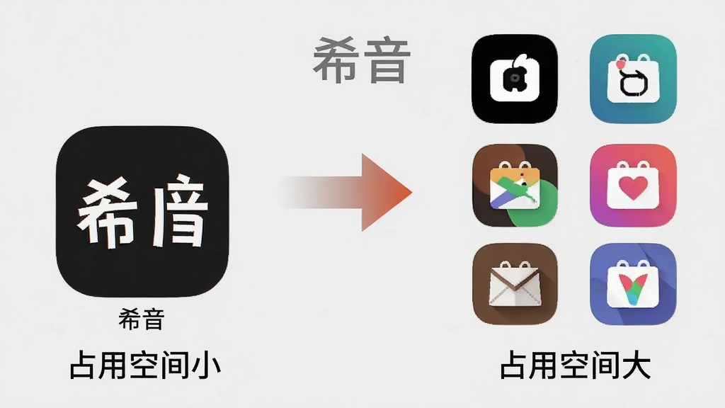 一张手机内存占用对比示意图,左侧显示“希音”APP图标,下方标注占用空间小,右侧显示其他大型购物APP图标,下方标注占用空间大,中间用对比箭头连接,风格简洁明了,背景为浅灰色,画质干净,图片中带“希音”文字