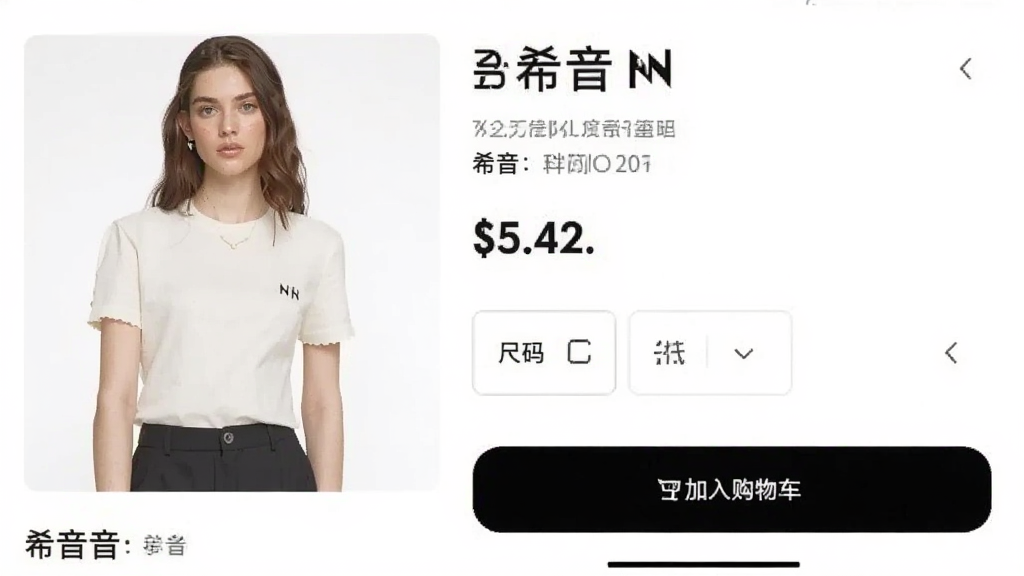 展示希音APP商品详情页的界面截图,画面中清晰显示商品主图、价格标签、尺码选择按钮和加入购物车按钮,界面风格简洁,文字标注明确,背景为纯白色,画质干净,无多余装饰元素,图片中带“希音”文字