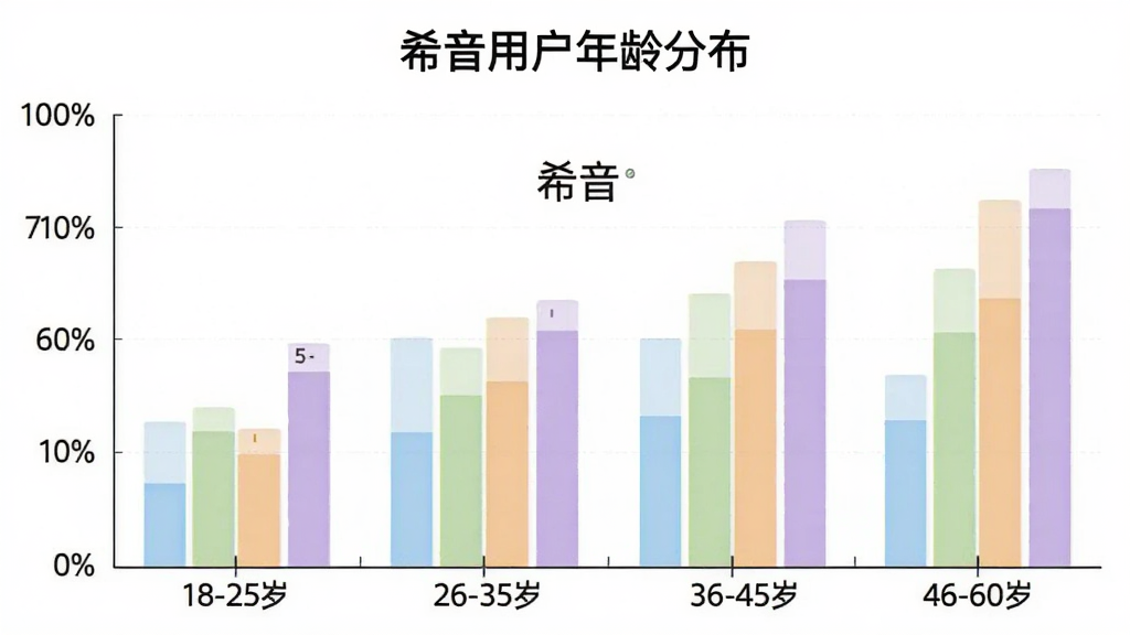 一张柱状图,展示不同年龄段用户对希音APP的使用占比,横轴为年龄段18-25岁、26-35岁、36-45岁、46-60岁,纵轴为用户百分比,柱状图颜色分别为浅蓝、浅绿、浅橙、浅紫,图表标题为“希音用户年龄分布”,背景为白色,画质干净,图片中带“希音”文字