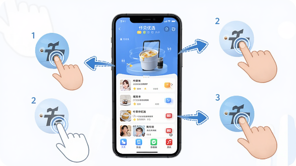 Ǫ����ѡAPP���ֻ��ϵĲ���ָ��ʾ��ͼ��������һ���ֻ���ʾAPP���棬�Ա�����ָ�����ͼ��ͼ�ͷָʾ�������裬������࣬�����˵�����ͼ�����������ɾ�