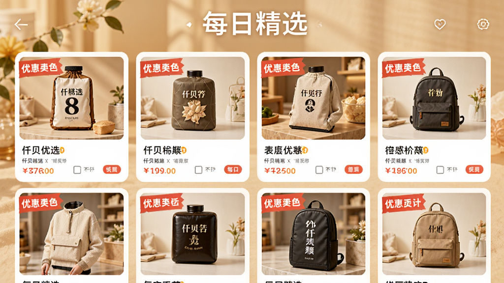 Ǫ����ѡAPPÿ�վ�ѡ��ҳ�棬������չʾ�����Ʒ��Ƭ�������У�ÿ����Ƭ������Ʒͼ�����ƺ���Ŀ���Żݱ�ǩ�������С�ÿ�վ�ѡ������������ɫ����ů��������ˬ�������һ�����ӹ�����־������ϸ��