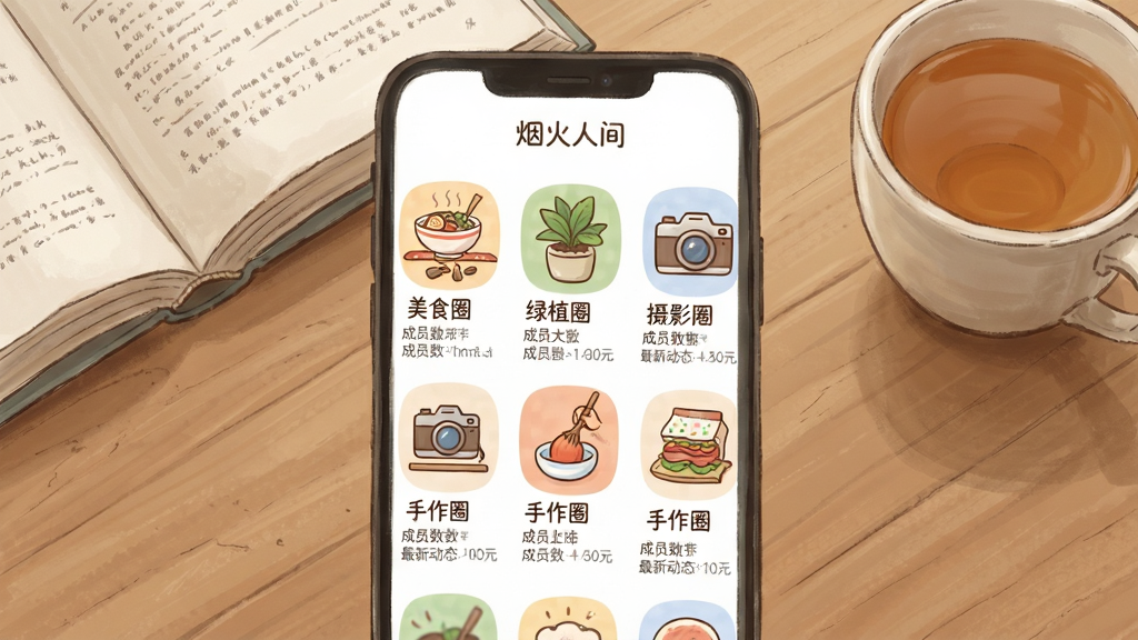 һ�š��̻��˼䡱Ӧ������ȤȦ��ҳ����ֻ���ͼ���������ֻ���Ļ��ʾ�Ŷ����ȤȦ�ӵ����ͼ�꣬��������ʳȦ��������ֲȦ��������ӰȦ����������Ȧ���ȣ�ÿ��ͼ�����Բ��ɰ���������Ӧ�Ĳ廭Ԫ�أ�Ȧ���·��м�̵ĳ�Ա�������¶�̬Ԥ�����ֻ�������ľ�����棬�Ա߷���һ�����������һ���裬���岼�����룬�����ܰ�ֻ�磬ϸ����ͣ����ʸɾ����޶���Ԫ��