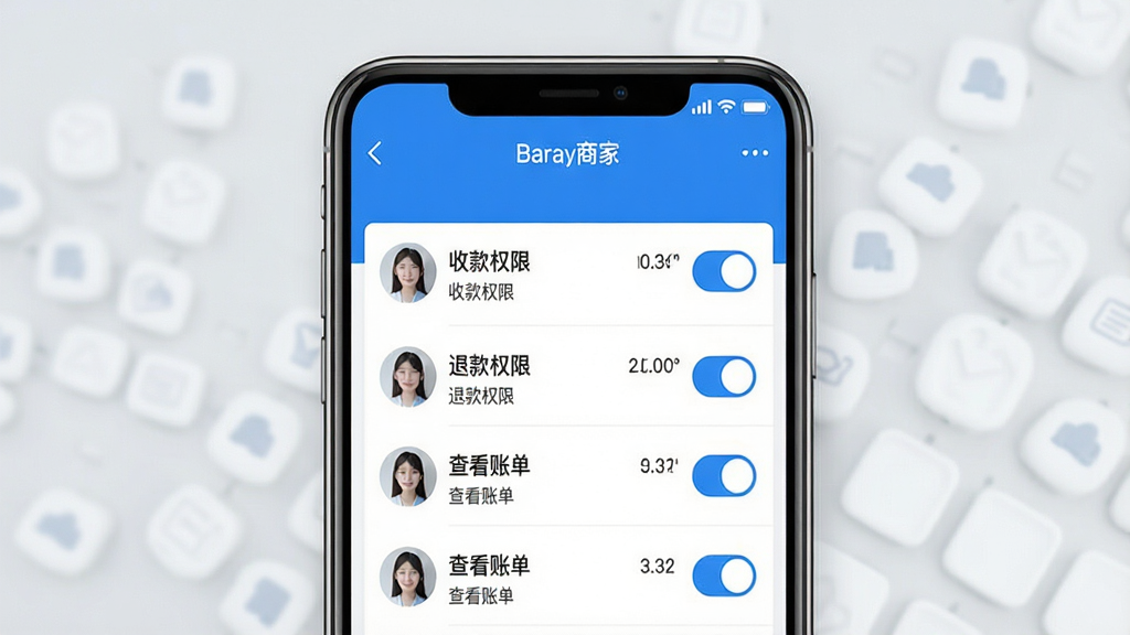 一张展示“Baray商家”应用店员管理界面的图片,手机屏幕上显示着店员列表和权限开关,每个店员名字旁边有“收款权限”“退款权限”“查看账单”等选项,界面配色为蓝白风格,布局清晰,文字标签明确,画质干净无多余元素,背景是简洁的浅灰色