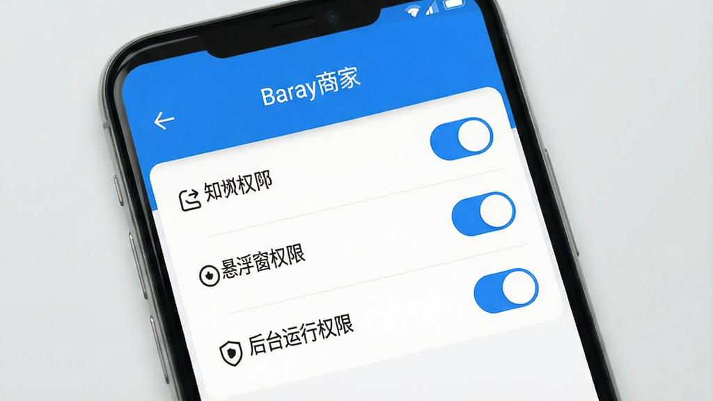 一张展示“Baray商家”应用权限设置界面的图片,手机屏幕上显示着通知权限、悬浮窗权限、后台运行权限等选项,每个选项旁边有开关按钮,界面配色为蓝白风格,布局清晰,文字标签明确,画质干净无多余元素,背景是简洁的浅灰色