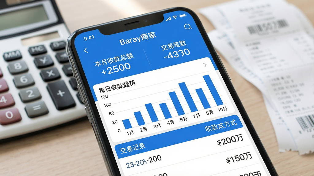 一张展示“Baray商家”应用账单统计页面的图片,手机屏幕上显示着柱状图和列表结合的账单明细,顶部有“本月收款总额”和“交易笔数”的大字统计,下方是每日收款趋势的柱状图,再下方是具体的交易记录列表,每条记录包含时间、金额和收款方式,界面配色以蓝色和白色为主,风格简洁现代,画质干净清晰,背景是虚化的办公桌面,有计算器和票据