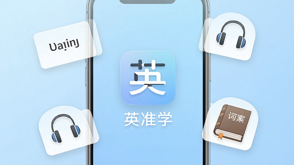 一张手机屏幕展示英语学习App的主界面,画面中央是“英准学”App的图标和名称,图标设计简洁,背景为淡蓝色渐变,周围环绕着单词卡片、耳机图标、词典书本等学习元素,整体布局清晰,风格清新现代,画质干净,无多余元素