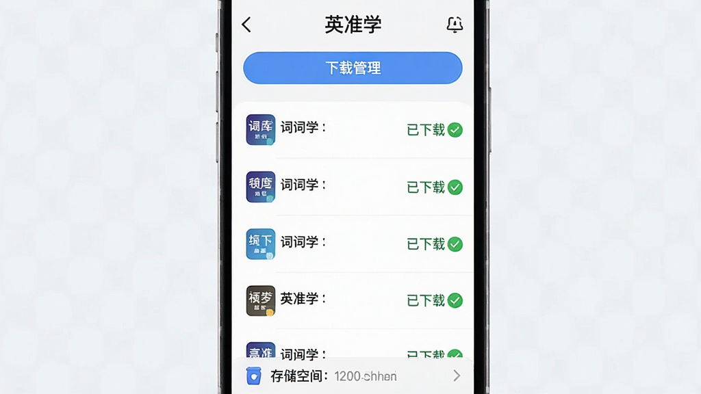 一张展示英语学习App离线下载功能的图片,画面中“英准学”App的界面显示已下载的词库列表,每个词库旁边有“已下载”的绿色对勾,顶部有下载管理按钮,底部有存储空间提示,布局简洁,风格清爽,画质干净,无多余元素