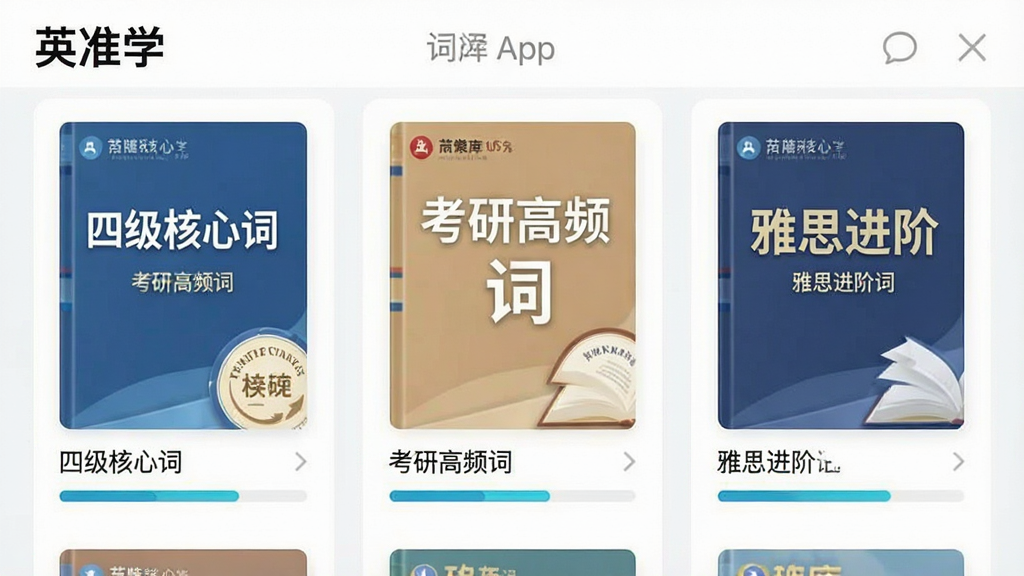 一张展示英语学习App词库选择界面的图片,画面中“英准学”App的界面显示多个词书封面,包括“四级核心词”“考研高频词”“雅思进阶词”等,每个词书旁边有学习进度条,布局整齐,风格简洁明快,画质清晰,无多余元素
