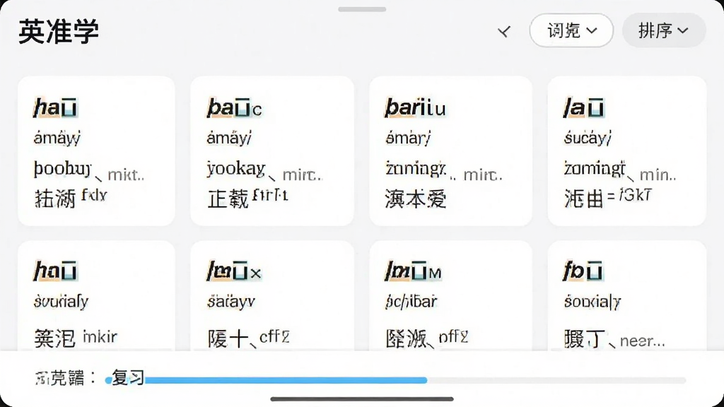 一张展示英语学习App生词本功能的图片,画面中“英准学”App的生词本页面显示多个单词卡片,每个卡片上有单词、音标和释义,顶部有筛选和排序按钮,底部有复习进度提示,布局清晰,风格简约,画质干净,无多余元素