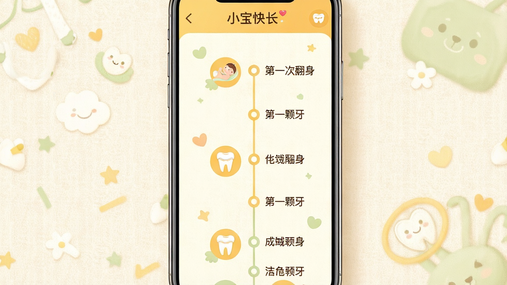 һ�š�С���쳤��Ӧ���ڳɳ�ʱ��������ͼƬ�������������ֻ���Ļ����Ļ����ʾһ����ֱ��ʱ���ߣ�ʱ�������ж���ڵ㣬ÿ���ڵ��Ա���Сͼ������ֱ�ǩ���硰��һ�η���������һ��������������ǳɫ�����������Ű��������죬�����ܰ��ͣ�ɫ����ů��ɫ��ǳ��ɫΪ����ϸ�ھ��£����ʸɾ����޶���Ԫ��