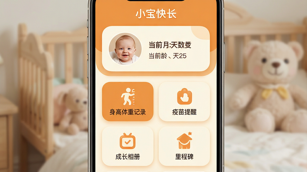 һ��չʾ��ͯ�ɳ���¼APP���Ľ����ͼƬ�������������ֻ���Ļ����Ļ����ʾ��С���쳤��Ӧ�������棬���ַ�Ϊ���½ṹ���ϰ벿���Ǳ���ͷ��͵�ǰ�����������°벿���ǹ��ܿ�Ƭ���򣬰����������ؼ�¼���������ѡ��ɳ�������̱��ĸ�ͼ�꣬�����Ű���ˬ�������ܰ�ɰ���ɫ����ů��ɫ���װ�ɫΪ����ϸ��Բ�󣬻��ʸɾ����޶���Ԫ��