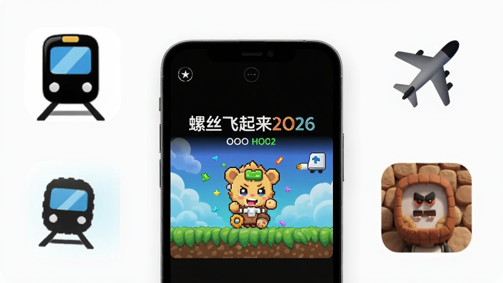 一张展示手机处于飞行模式或离线状态,屏幕上“螺丝飞起来2026”游戏正常运行,周围有地铁、飞机等图标环绕,风格简约现代,画质干净清晰