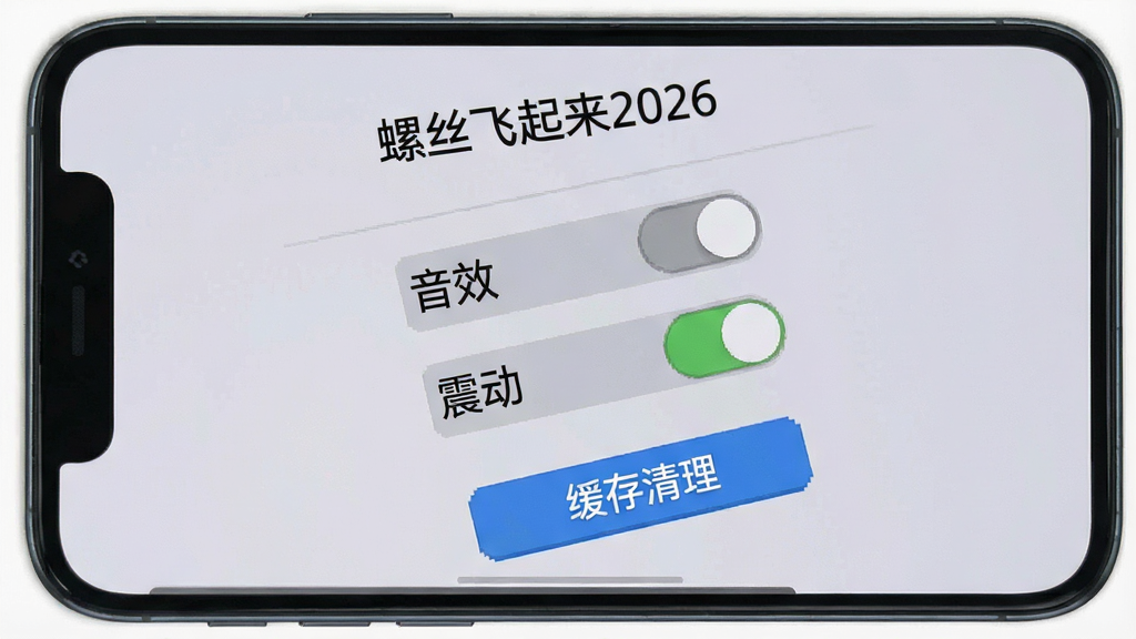 一张手机屏幕显示“螺丝飞起来2026”游戏设置界面,包含音效开关、震动开关、缓存清理按钮,界面简洁,背景为浅灰色,风格干净清爽,画质清晰