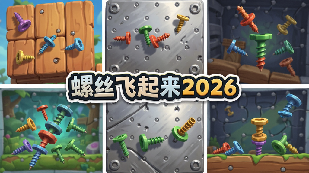 一张展示“螺丝飞起来2026”多个游戏关卡缩略图的拼图画面,包含木板、金属板、彩色螺丝和不同背景,画面中央有“螺丝飞起来2026”文字标识,风格活泼明快,细节清晰,画质干净
