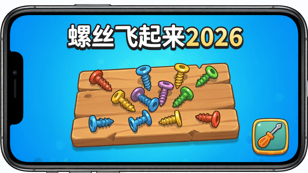 一张手机屏幕展示“螺丝飞起来2026”游戏主界面,画面中央是一块木板上有各种颜色的螺丝钉,旁边有螺丝刀工具图标,背景是明亮的蓝色渐变,整体风格卡通休闲,画质清晰干净,无多余元素