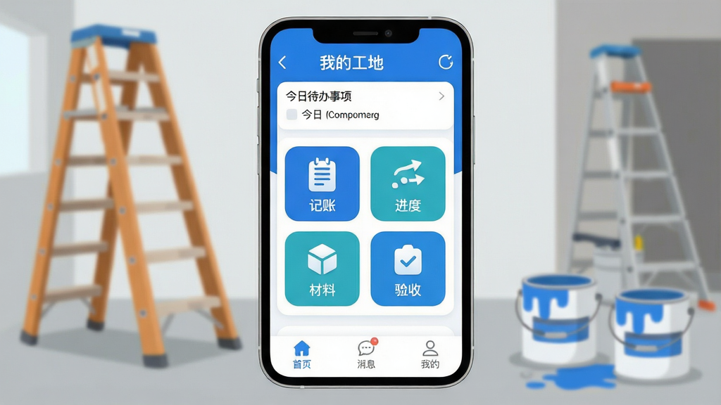 一张手机屏幕特写,屏幕中央显示“装修密码”App的首页界面,界面以蓝色和白色为主色调,顶部显示“我的工地”和今日待办事项,中间是功能图标矩阵,包含“记账”、“进度”、“材料”、“验收”四个大图标,底部是“首页”、“消息”、“我的”三个选项卡。背景是虚化的装修工地场景,有梯子和油漆桶。风格现代扁平,细节圆润,画质干净,无多余元素。