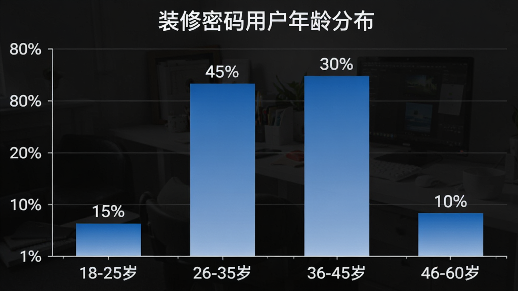 一张柱状图,标题为“装修密码用户年龄分布”,横轴为年龄段“18-25岁”、“26-35岁”、“36-45岁”、“46-60岁”,纵轴为用户占比百分比。柱子高度分别显示约15%、45%、30%、10%。柱状图配色为蓝色渐变,背景干净,数据标签清晰,画质干净,无多余元素。