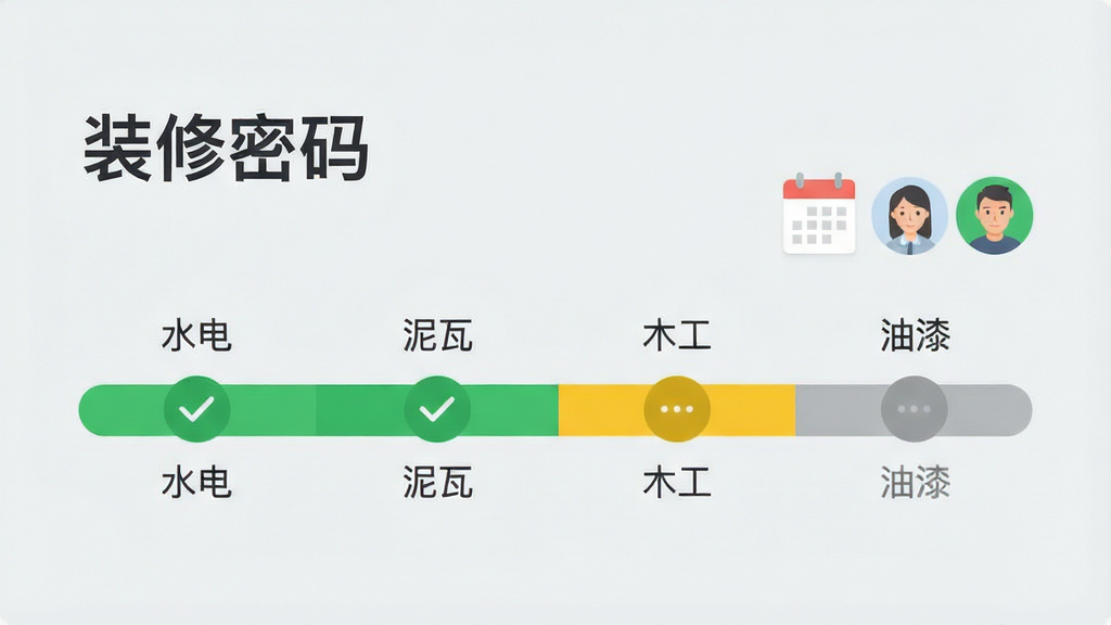 一张简洁的图表界面截图,标题为“装修密码”,画面主体是一个横向的进度条,分为“水电”、“泥瓦”、“木工”、“油漆”四个阶段,前两个显示绿色勾选完成状态,第三个显示黄色进行中,第四个显示灰色未开始。进度条旁边有日历图标和负责人头像小圆圈。背景是浅灰色,风格现代扁平,文字清晰,画质干净,无多余元素。