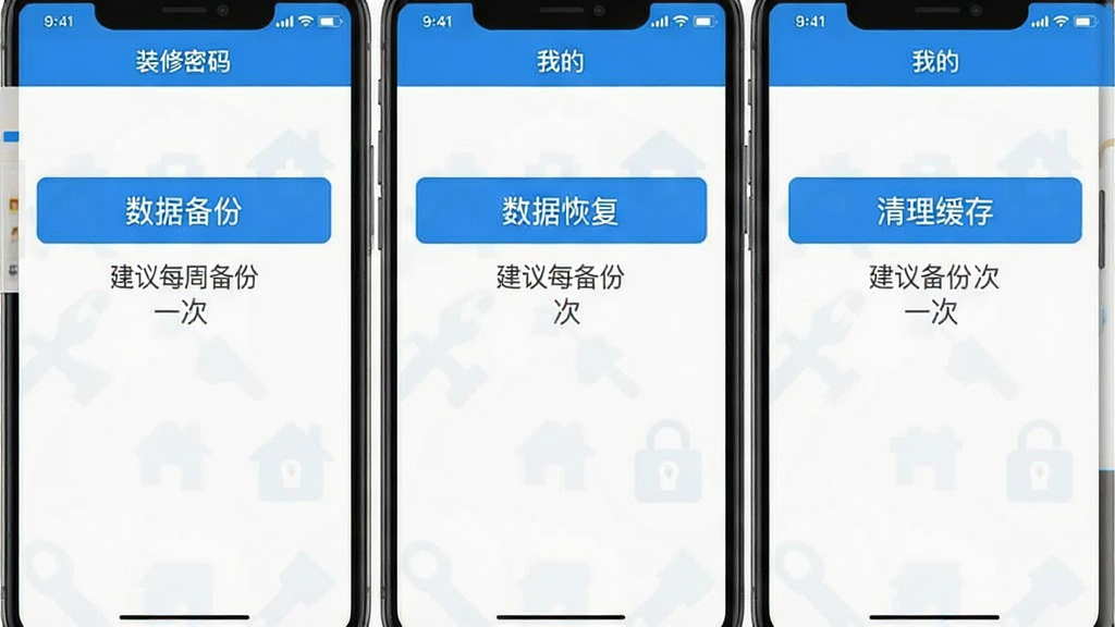 一张手机屏幕截图,展示“装修密码”App的“我的”页面,页面中有“数据备份”、“数据恢复”、“清理缓存”三个选项按钮,按钮下方有文字提示“建议每周备份一次”。界面风格简洁,蓝白配色,画质干净,无多余元素。