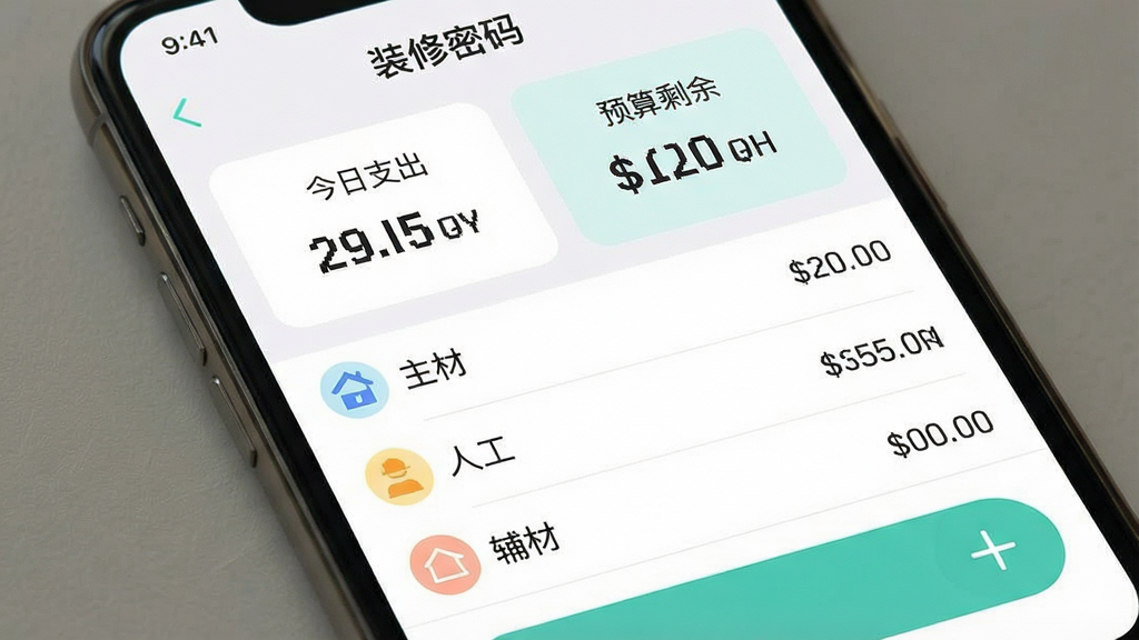 一张手机记账界面截图,顶部标题“装修密码”,中间显示“今日支出”和“预算剩余”两个大数字卡片,下方是一列账单条目,每条前面有不同颜色的小图标区分“主材”、“人工”、“辅材”,条目右侧显示金额。底部有一个醒目的“+”号按钮。整体风格清新,配色柔和,画质干净,无多余元素。