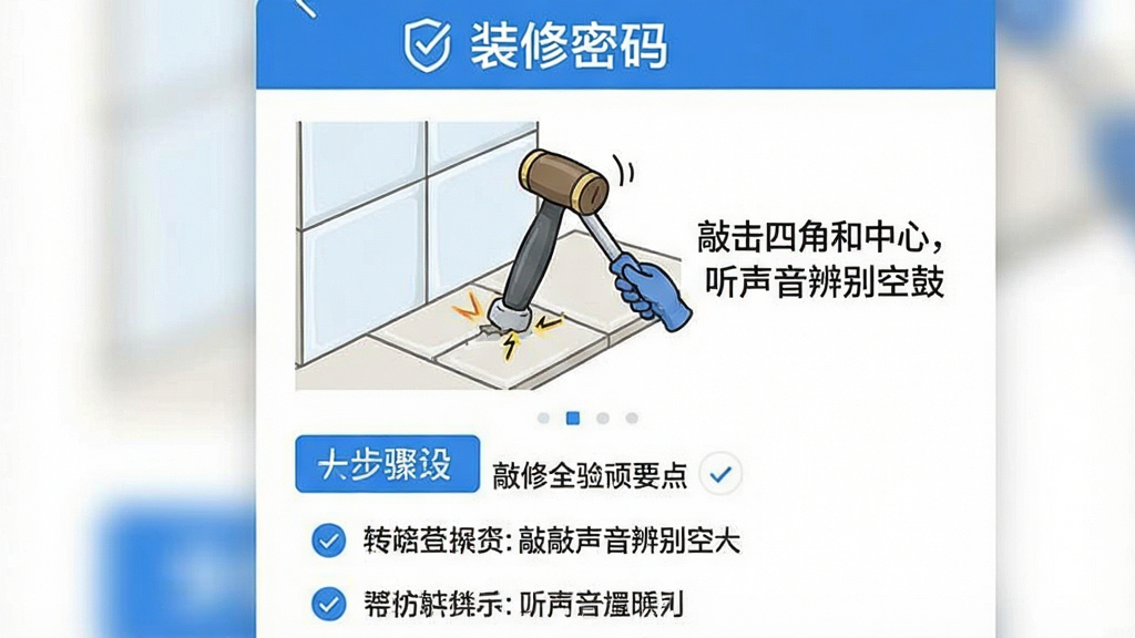 一张手机图文详情页截图,顶部标题“装修密码”,中间是一张示意图,展示用空鼓锤敲击瓷砖的动画,旁边有文字说明“敲击四角和中心,听声音辨别空鼓”。下方是分步骤的验收要点列表。界面配色以蓝白为主,风格清爽,画质干净,无多余元素。