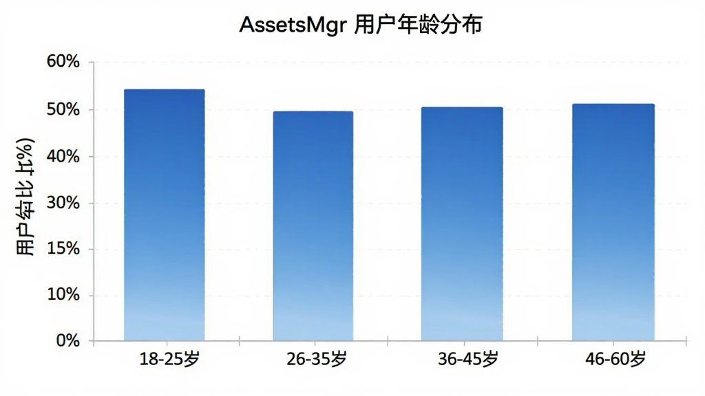 AssetsMgr 用户年龄分布柱状图,横轴是年龄段 18-25岁、26-35岁、36-45岁、46-60岁,纵轴是用户占比百分比,柱状图颜色为蓝色渐变,图表标题为“AssetsMgr 用户年龄分布”,风格简洁商务,画质清晰,无多余元素