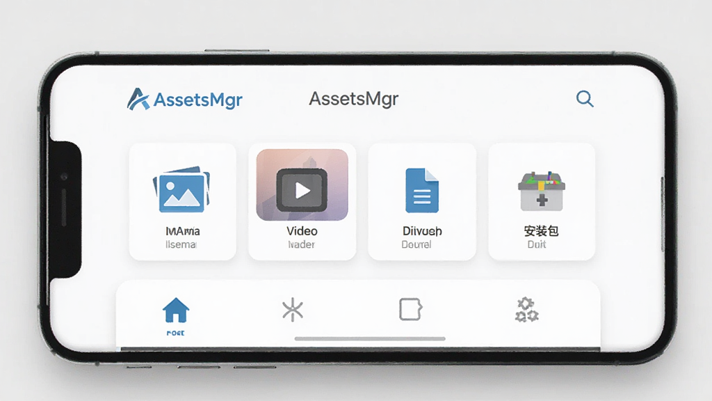 AssetsMgr 应用主界面展示,一个干净整洁的手机屏幕,白色背景,顶部有 AssetsMgr 的蓝色标志,中间是分类清晰的卡片式布局,包括图片、视频、文档、安装包等图标,底部是简洁的导航栏,整体风格现代扁平,画质高清,无多余元素