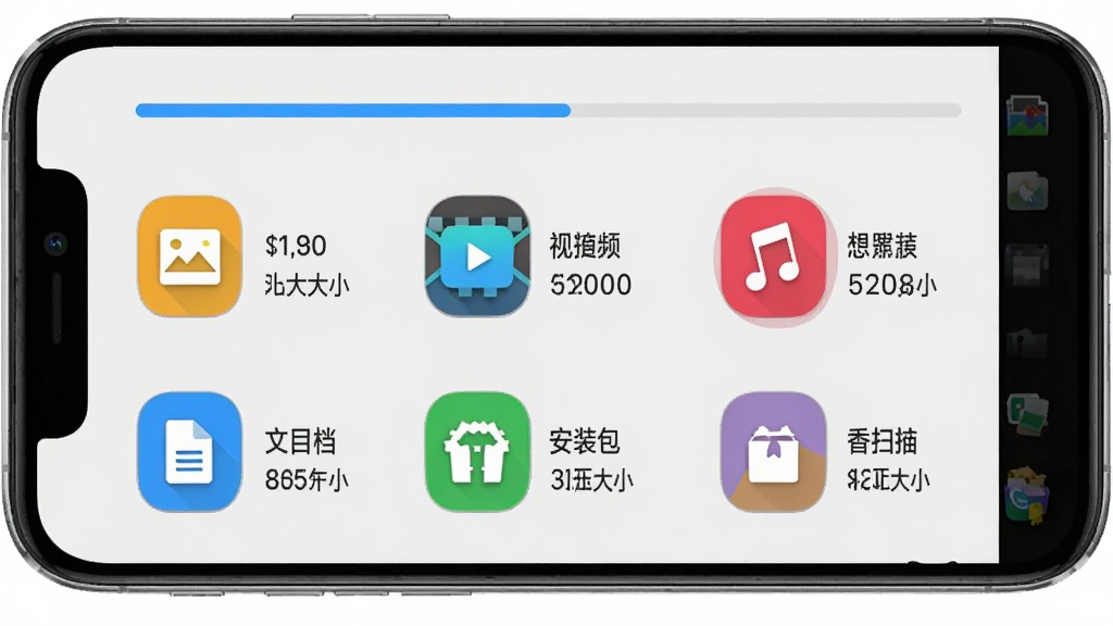 AssetsMgr 应用内的文件分类界面,手机屏幕显示 AssetsMgr 的扫描结果页面,上方是进度条,下方是六个彩色图标分别代表图片、视频、音乐、文档、安装包和压缩包,每个图标旁边有文件数量和大小,背景是浅灰色,文字清晰,风格简约,画质干净无多余元素