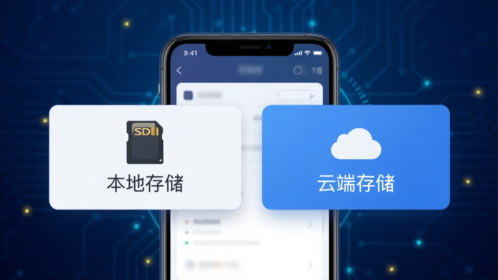 һ��չʾ���ݴ洢ѡ���ͼƬ������������һ���ֻ����棬��������������ť�����д�š����ش洢����ͼ����һ��SD�����ұ�д�š��ƶ˴洢����ͼ����һ���ƣ�����������ɫ�ĿƼ��н��䣬�����������ˣ�ɫ�����ȣ������������޶���Ԫ�ء�