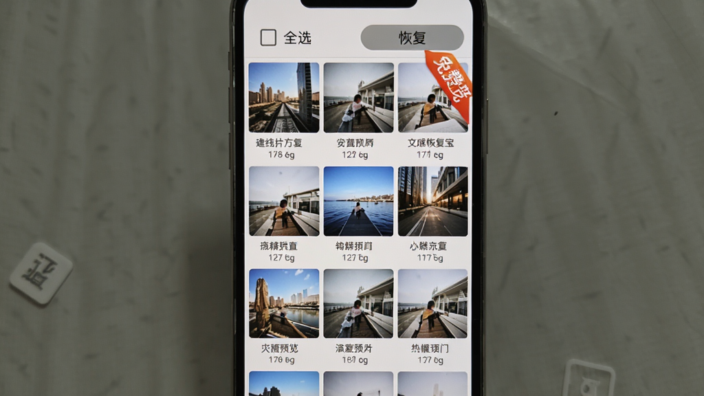 手机照片恢复宝照片预览界面,手机屏幕显示九宫格照片缩略图,每张图下方有文件名和大小,顶部有“全选”“恢复”按钮,突出“免费预览”标签,界面以白色和浅灰色为主,风格简洁清爽,画质干净,无多余元素