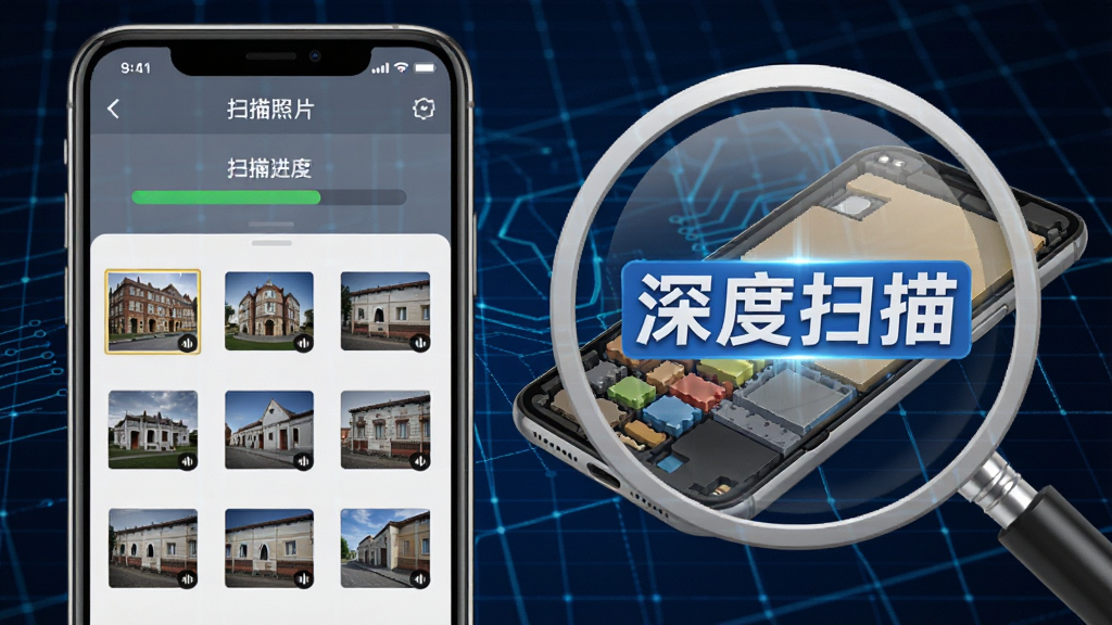 手机照片恢复宝深度扫描功能展示,画面左侧是手机屏幕显示扫描进度和不断增加的已找到照片缩略图,右侧是放大镜图标透视手机内部存储结构的示意图,突出“深度扫描”文字标签,背景为深蓝色科技感网格,风格写实科技风,画质清晰,无多余元素