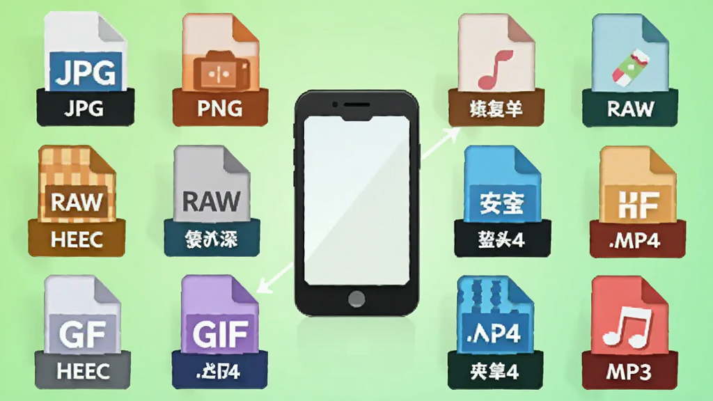 手机照片恢复宝支持格式展示图,画面中央是一个手机图标周围环绕各种文件格式图标,包括“JPG”“PNG”“RAW”“HEIC”“GIF”“MP4”“MP3”,每个图标下方有对应的格式名称文字,背景为浅绿色渐变,风格活泼明快,画质清晰,无多余元素