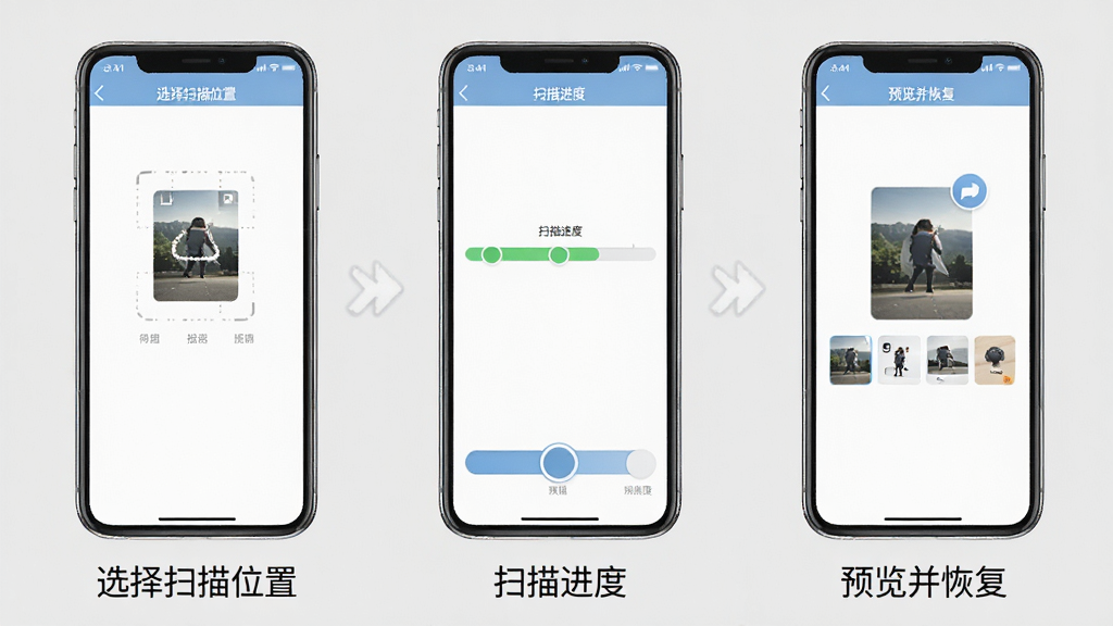 手机照片恢复宝操作步骤示意图,画面从左到右展示三个手机屏幕,第一个屏幕显示“选择扫描位置”界面,第二个屏幕显示“扫描进度”界面,第三个屏幕显示“预览并恢复”界面,每个屏幕下方有对应文字说明,背景为浅灰色,风格步骤教程风,画质清晰,无多余元素