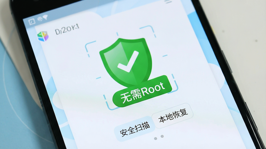 手机照片恢复宝无需Root权限功能展示,画面中一部安卓手机屏幕显示软件界面,界面中央有一个绿色的盾牌图标和“无需Root”文字标签,盾牌下方有“安全扫描”“本地恢复”两个小标签,背景为白色和浅蓝色,风格简洁安全风,画质干净,无多余元素
