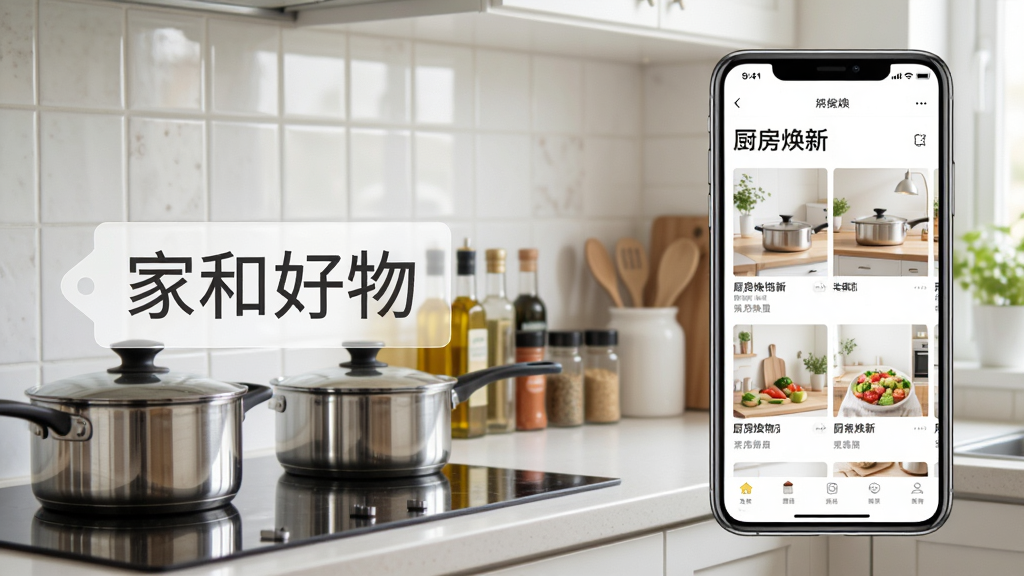 一个明亮的厨房场景,台面上摆放着整齐的锅具和调料瓶,画面一侧浮现“家和好物”四个字的半透明标签,另一侧展示手机界面中的“厨房焕新”分类页面,布局采用左右对比排版,风格写实清新,细节包括瓷砖纹理和厨具反光,画质高清干净,无多余文字和元素