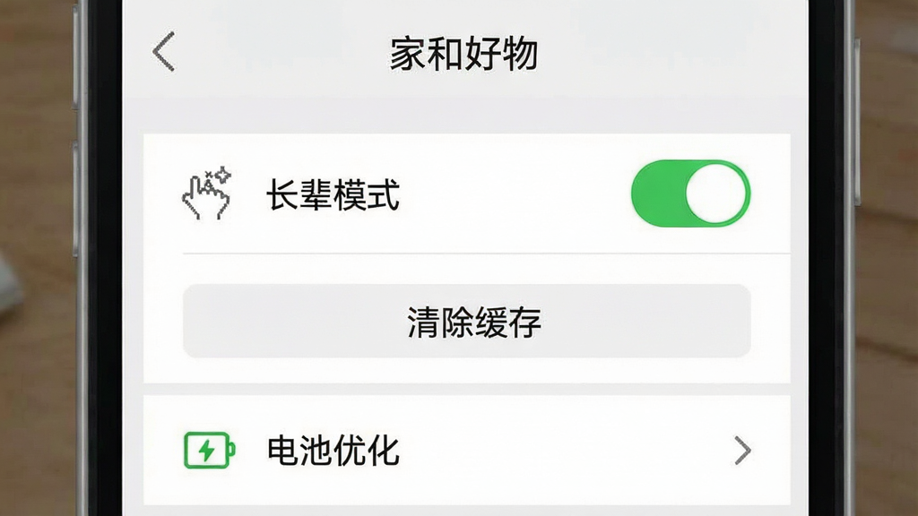 一个手机界面截图风格的示意图,画面中央显示“家和好物”的设置页面,页面上有“长辈模式”开关、“清除缓存”按钮和“电池优化”选项,布局为纵向列表,风格简洁扁平,配色为浅灰和白色,细节包括开关的绿色高亮和图标线条,画质干净清晰,无多余元素