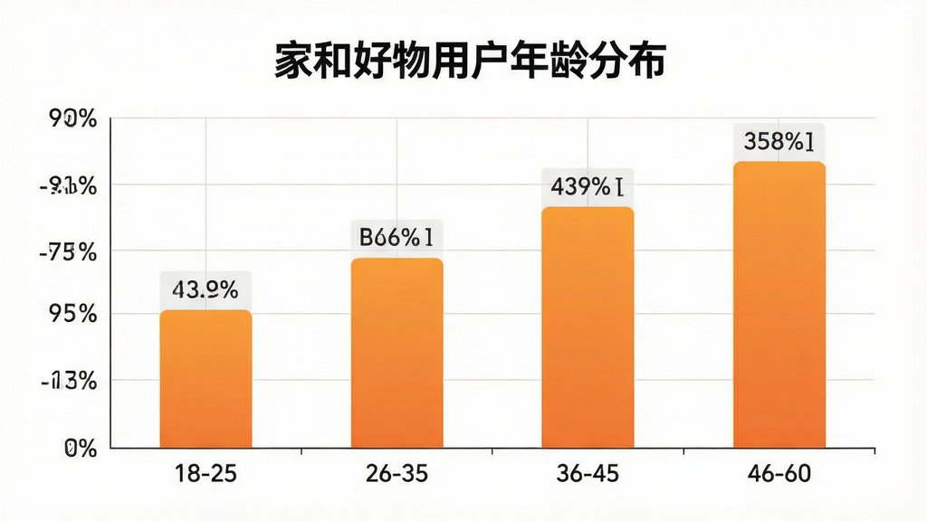 一个用户年龄分布的柱状图示意图,横轴为年龄段18-25、26-35、36-45、46-60,纵轴为用户占比百分比,柱状图颜色为暖橙色渐变,图表上方有“家和好物用户年龄分布”标题,背景为白色带浅灰网格线,布局居中,风格现代简洁,细节包括柱顶的数据标签和清晰的坐标轴,画质干净清晰,无多余元素